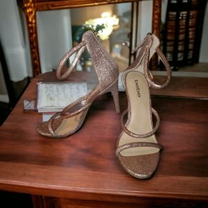 Bebe Women's Berdine-G, 3 Strap Pink Glitter Sandal Pump, Zip Heel, Size 8, VGC